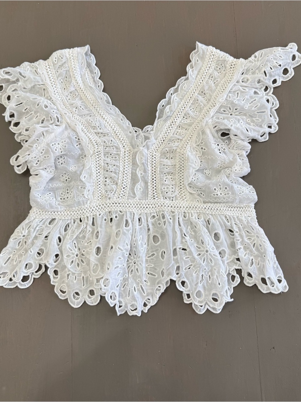 Sea New York White Cotton Eyelet Lace Top XS flutter Sleeve Peplum Blouse Vacay
